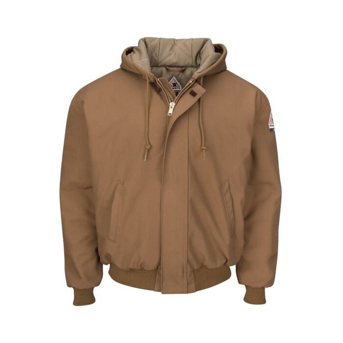 Insulated Brown Duck Hooded Jacket with Knit Trim - Tall Sizes Thumbnail